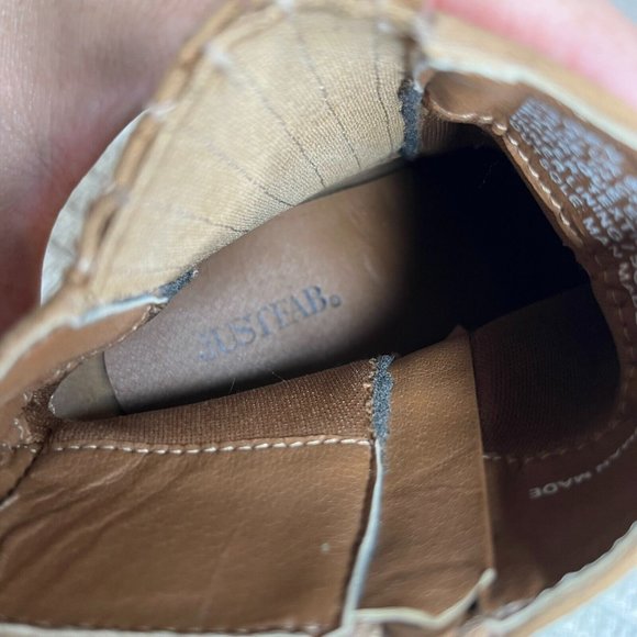 Just Fab Olwen Camel Textile Pointed Toe Zipper Block Heel Ankle Booties Size 8 - Picture 6 of 7